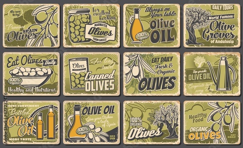 Olive oil and olives, retro posters and organic natural food, vector. Spanish olives and products in can, extra vrigin oil in jar and bottle packages, vegetable food rusty metal plates