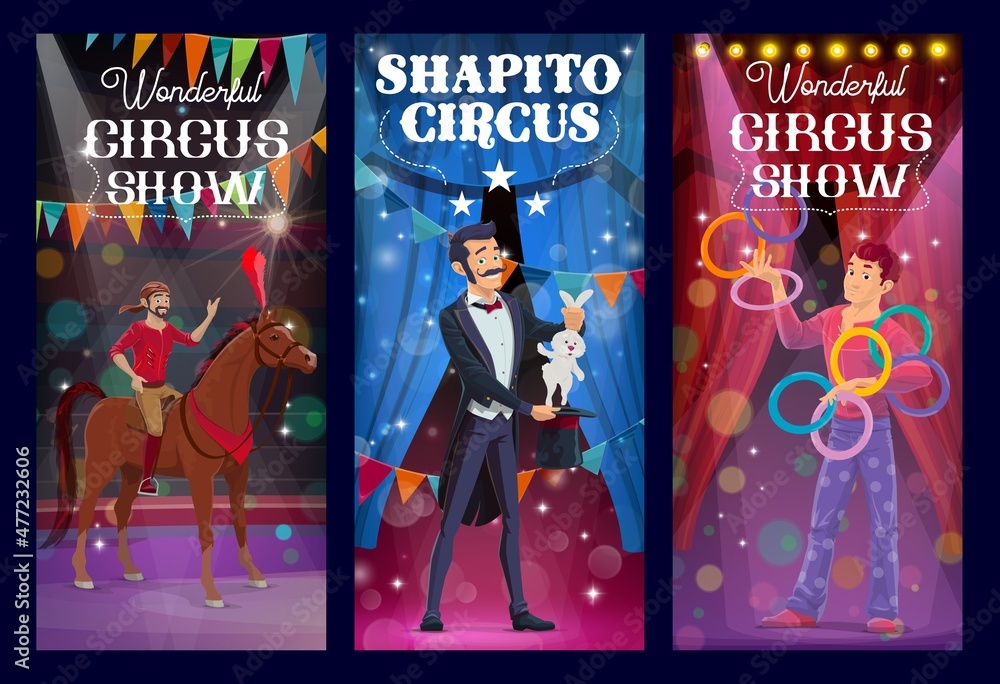 Shapito circus magician, acrobat and juggler performers vector banners ...