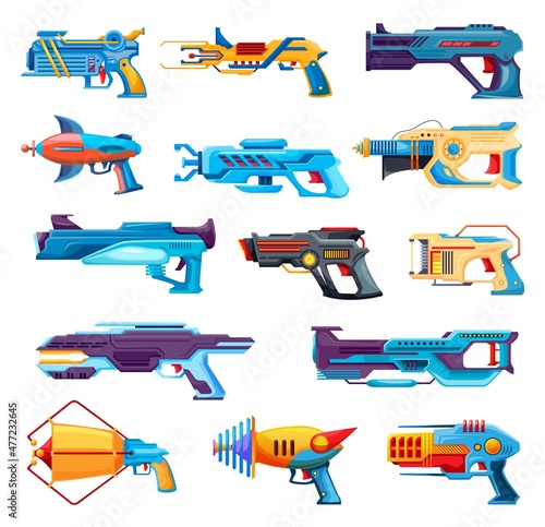 Blaster kids toy guns, cartoon handguns and rayguns weapon. Vector pistols for game, alien space arms or child laser weapon. Military arms set, ui graphic design elements isolated on white background