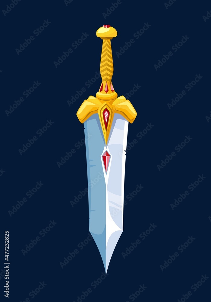 Magical cartoon steel sword blade with golden hilt, vector fairy tale icon. Medieval warrior dagger or knight sword, knife blade weapon or royal warrior cleaver with golden handle for game asset Magical cartoon steel sword blade with golden hilt, vector fairy tale icon. Medieval warrior dagger or knight sword, knife blade weapon or royal warrior cleaver with golden handle for game asset