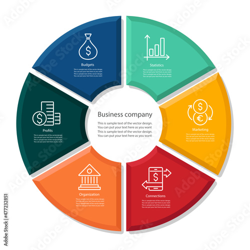Colorful 6 parts pie graph in modern flat style. Designed infographic vector illustration for your presentation, app, website etc.