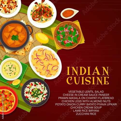 Indian cuisine vector menu cover chicken cream soup, lamb rice biryani and cheese in cream sauce paneer. Zucchini rice, potato onion curry batato piyava upkari and prawn masala on chapati flatbread