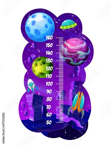Kids height chart with cartoon space planets. Growth measure meter vector wall sticker with spaceship, rocket or shuttle, stars, meteors, UFO flying saucer and centimeter ruler scale