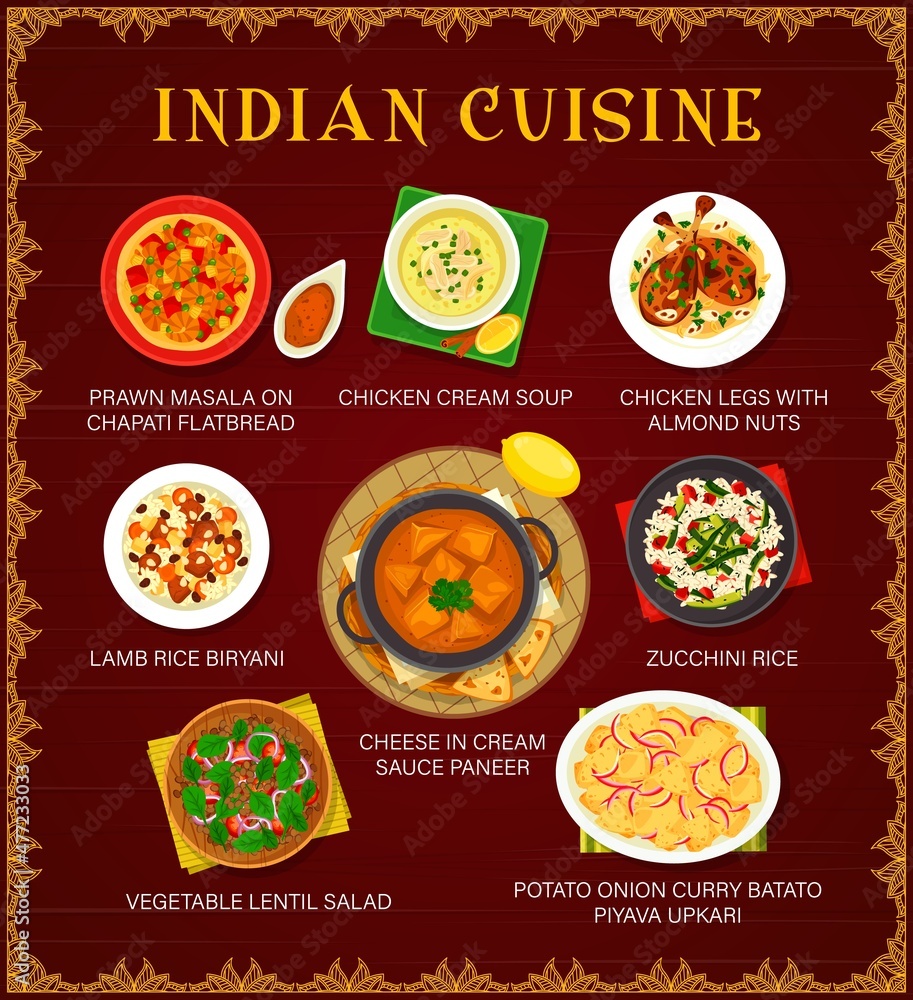 Indian cuisine vector menu prawn masala on chapati flatbread, chicken cream soup and lamb rice biryani. Cheese in cream sauce paneer, vegetable lentil salad or potato onion curry batato piyava upkari - obrazy, fototapety, plakaty 