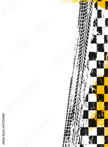 Racing sport grunge background, checkered racing flag with grunge tire tracks, vector poster. Wheel traces of car and truck tyre prints, motorcycle or offroad and motocross tread trails of rally sport