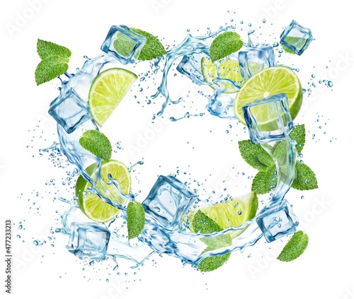 Water wave splash with lime, leaves and ice cubes. Mojito cocktail, lemonade drink. Vector 3d fresh lime and mint drink. Isolated frame with realistic frozen blocks, water and fruit pieces