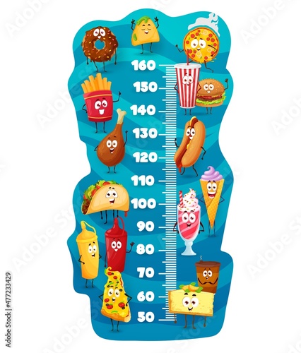 Kids height chart. Cartoon fast food characters, vector growth measuring meter. Baby size or child tall meter scale with funny burger, pizza and cheeseburger, hot dog and cheesecake, donut and tacos
