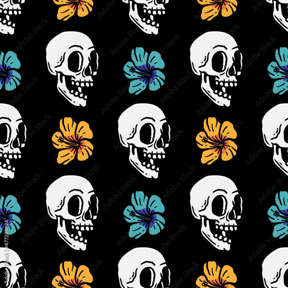 seamless pattern skull with hibiscus flower on black background