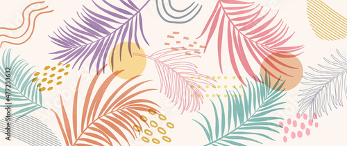 Abstract art background vector. Luxury minimal style wall art with botanical leaves line art and watercolor. Vector background for banner, poster, cover, card, invitation and prints.