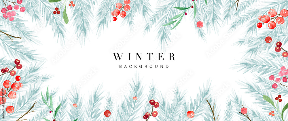 Winter background vector. Hand painted watercolor and gold brush texture, Flower and botanical leaves hand drawing. Abstract art design for wallpaper, wall arts, cover, wedding and  invite card.   - obrazy, fototapety, plakaty 