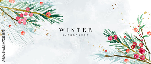 Winter background vector. Hand painted watercolor and gold brush texture, Flower and botanical leaves hand drawing. Abstract art design for wallpaper, wall arts, cover, wedding and  invite card.  