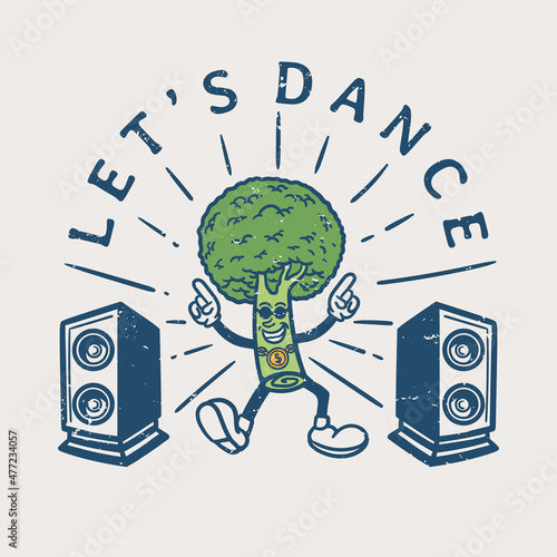 illustration of broccoli character in glasses dancing with speaker in vintage style