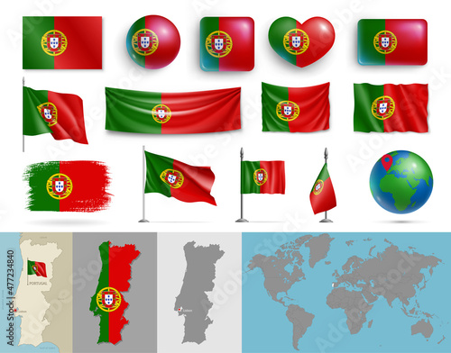 Portugal flags of various shapes and country map set. Realistic Portuguese flags, glossy buttons in patriotic colors, geographic map and globe with identification pin vector illustration