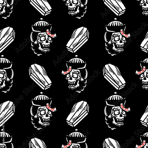 chinese jumping vampire ghost head and coffin seamless pattern