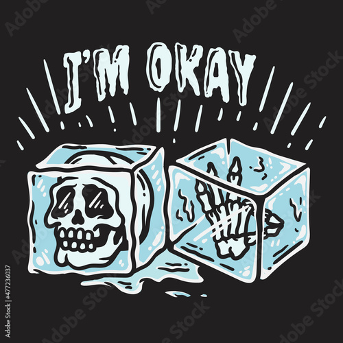 illustration of skull and hand bones trapped in ice cubes