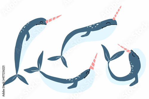 Vector set of cute blue narwhals. Cute whales with a horn.