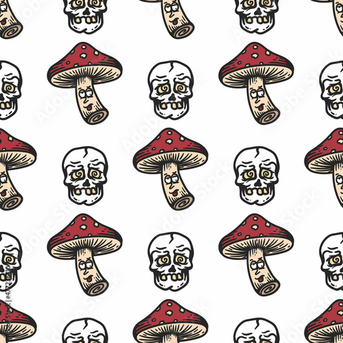 seamless pattern of mushroom and skull with dizzy expression