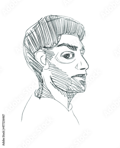 Vector line sketch of a half-turn face of a Middle Eastern adult man with a beard on his face. Pen drawn portrait on white paper. Linear freehand pencil drawing.