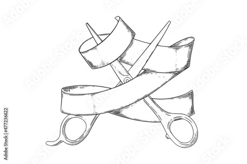 Scissors in the ribbon. Hairdresser shears tool. Vector illustration isolated in white background