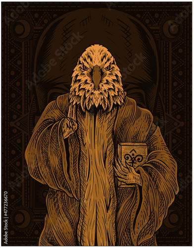 illustration eagle satan with engraving style