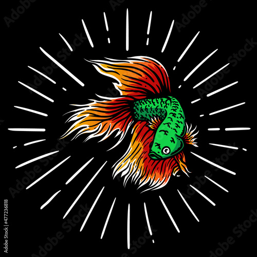 vintage style colorful betta fish illustration on black background