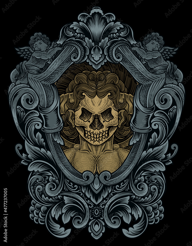 illustration demonic angel skull with engraving ornament frame