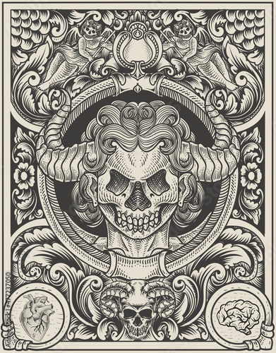 illustration demonic angel skull with engraving ornament frame