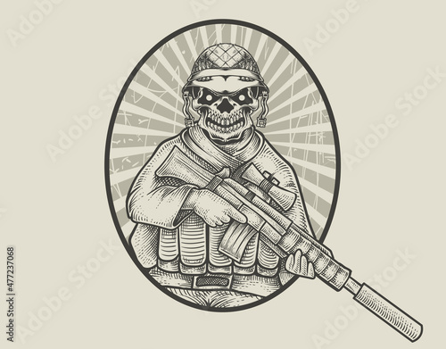 illustration army skull with monochrome style