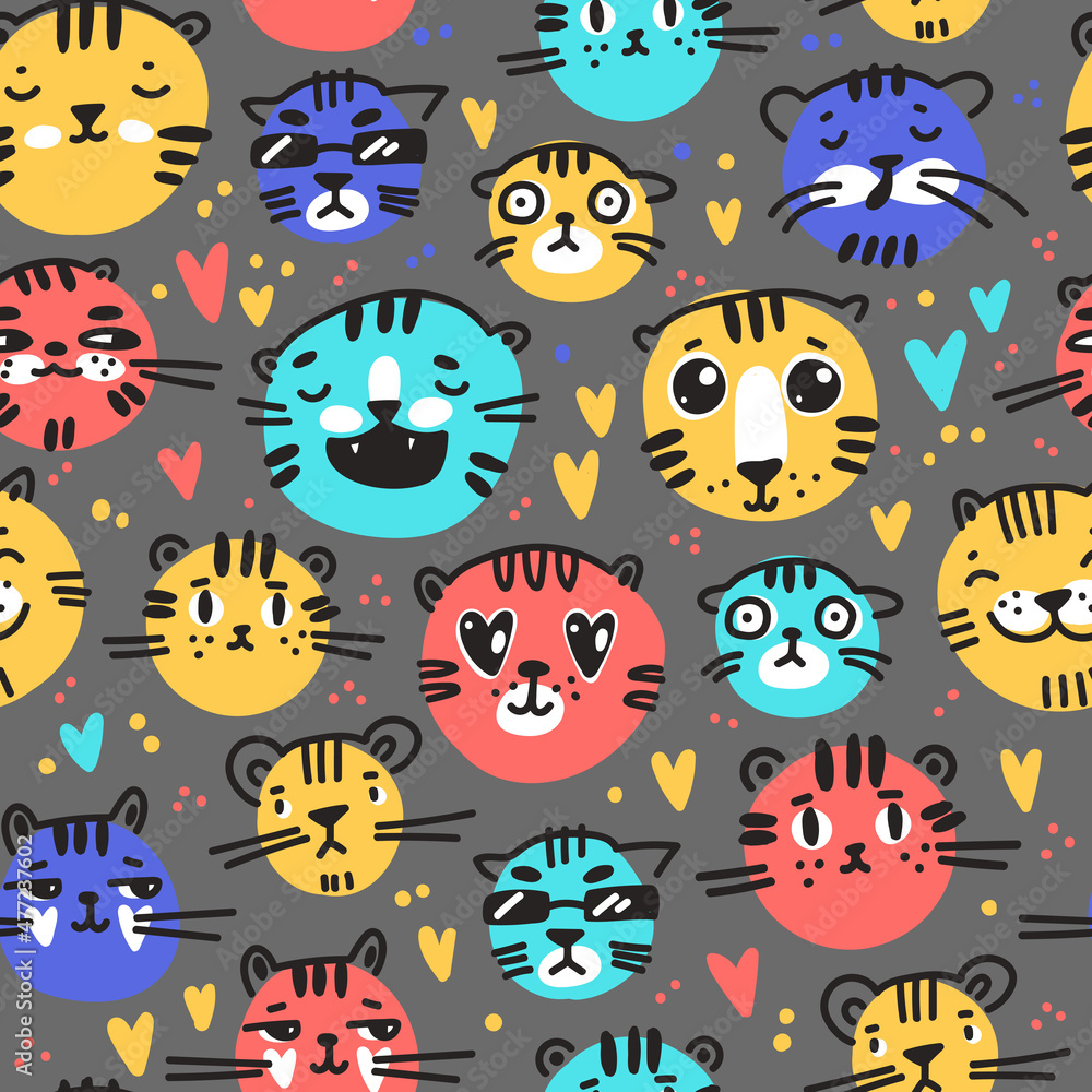 Seamless pattern with cute funny cartoon tigers in naive kid drawn style. Tiny animal muzzles.