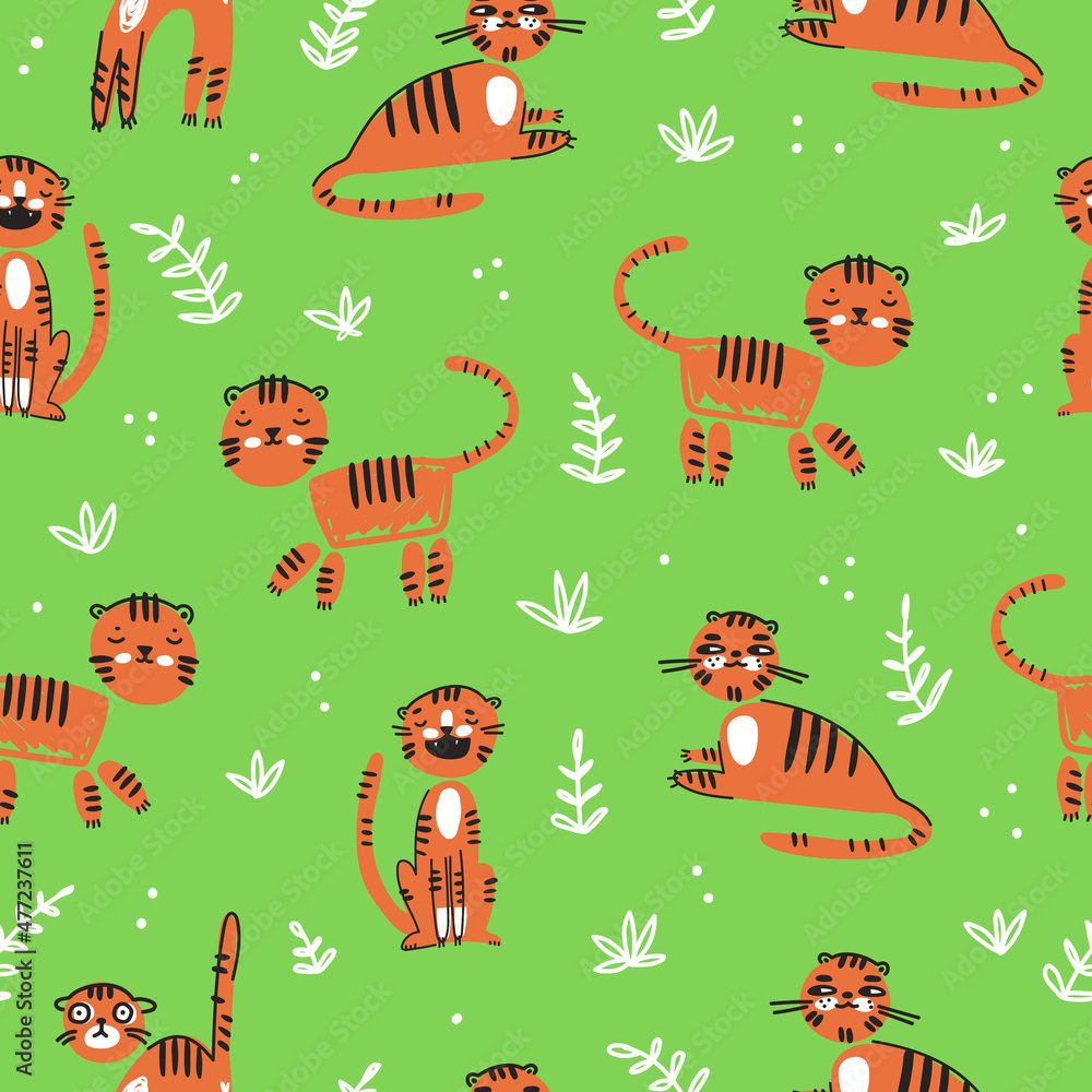 Fototapeta premium Seamless pattern with cute funny cartoon tigers in naive kid drawn style. Tiny animal characters.