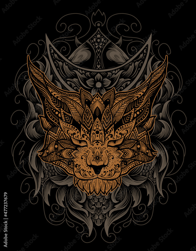 illustration cat mandala style with engraving ornament