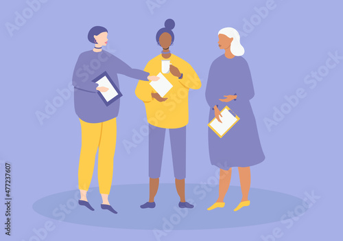 vector illustration - three girls colleagues discuss work and exchange papers. trend illustration in flat style