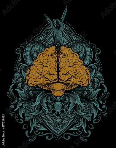 illustration antique brain with engraving style