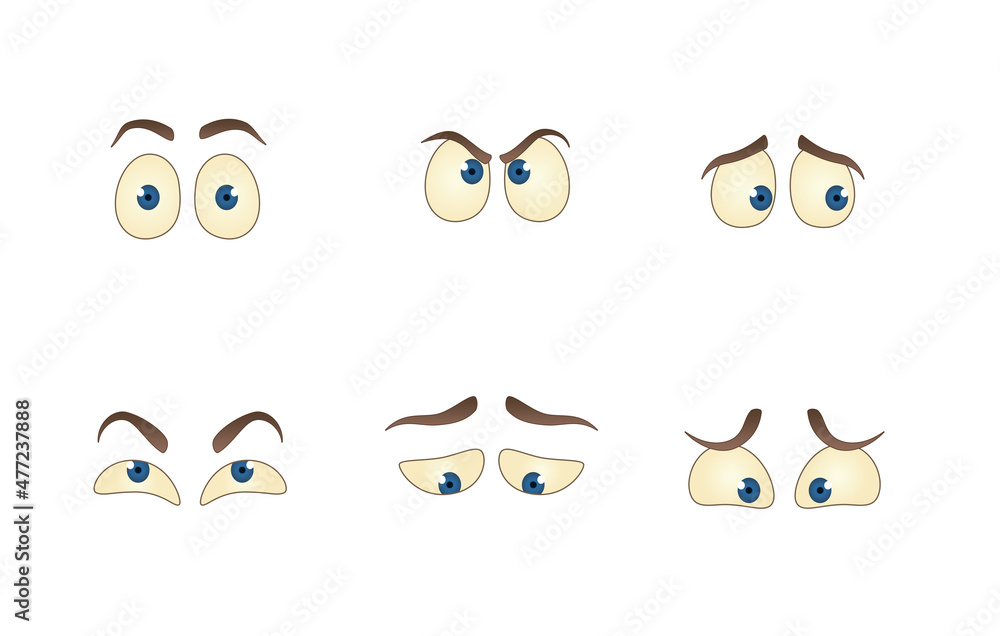 Fototapeta premium Eyes brows facial expressions vector illustration set happy sad angry annoyed gloomy white background simple yellow color