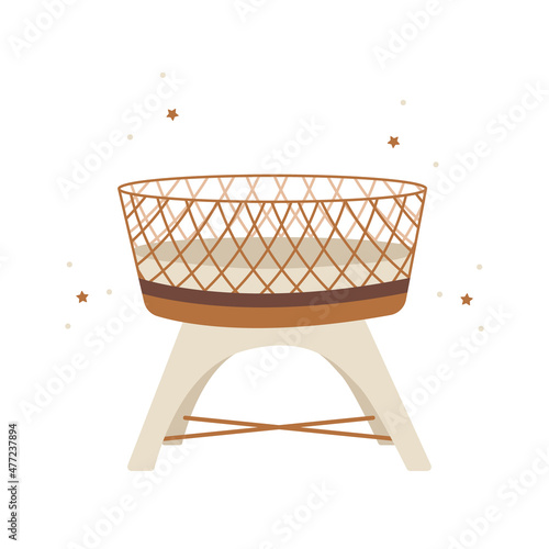 Boho baby cradle. Hand drawn scandinavian wooden cot for newborn isolated on white background. Vector illustration in flat cartoon style.