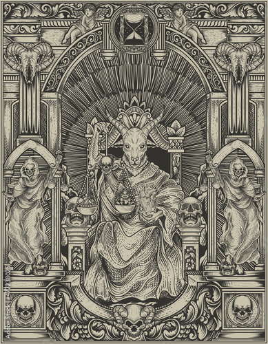 illustration king satan on gothic engraving ornament style photo