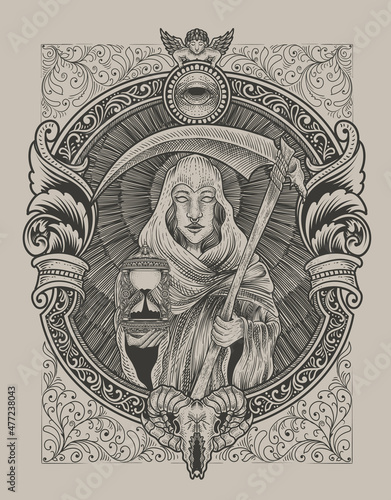 illustration death angel woman with engraving ornament style