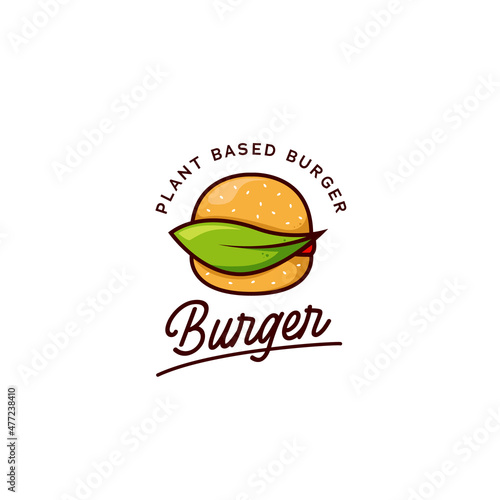 Plant based burger logo, hamburger logo icon with leaf symbol of vegetarian vegan burger
