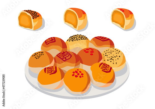 Foto chinese moon cake with sweet mung bean in the plate and salted egg