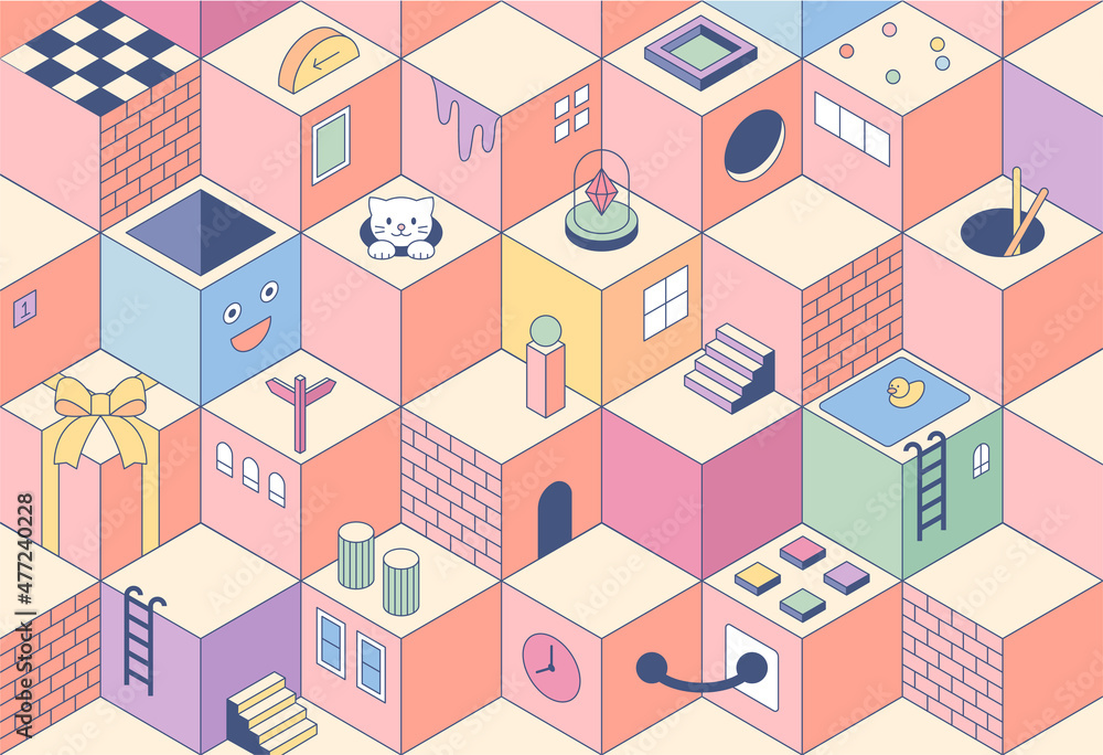Cute icons in cube space. Space movement through the hole and items are placed on the cube. flat design style vector illustration. Cute icons in cube space. Space movement through the hole and items are placed on the cube. flat design style vector illustration.