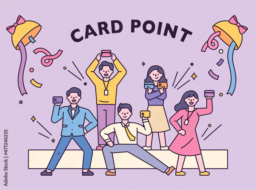 Point Card Animation Credit card marketing poster. People who enjoy using card points. flat ...