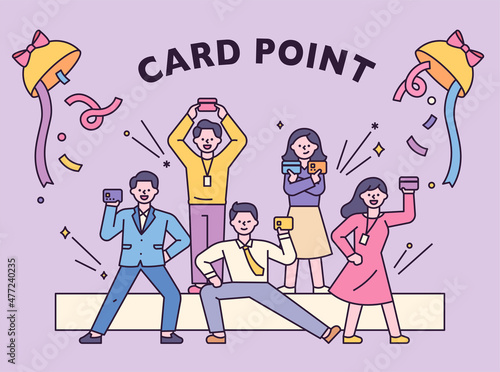 Credit card marketing poster. People who enjoy using card points. flat design style vector illustration.