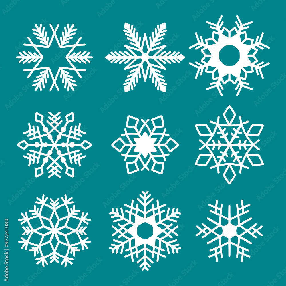 Snowflake vector icon background set white color. Winter blue christmas snow flake crystal element. Weather illustration ice collection. Xmas frost flat isolated silhouette symbol