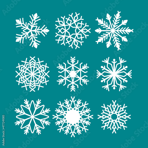 Snowflake vector icon background set white color. Winter blue christmas snow flake crystal element. Weather illustration ice collection. Xmas frost flat isolated silhouette symbol