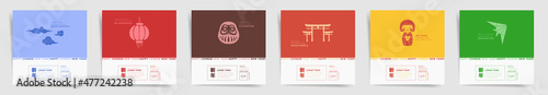 Japanes lunar year minimalism post. Social media square post design template. Asian minimal souvenirs - paper lantern, torii gate, clouds, daruma, kokeshi doll. Red, blue, yellow vector set.