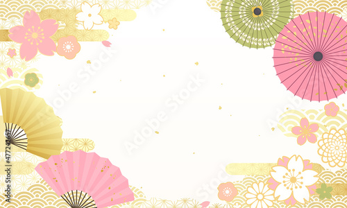 春の桜と扇子と和傘の和風のベクターイラスト背景(日本,ひな祭り,花見)
