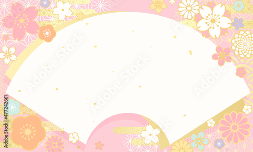 春の桜と扇形の和風のベクターイラスト背景(ひな祭り,扇子)