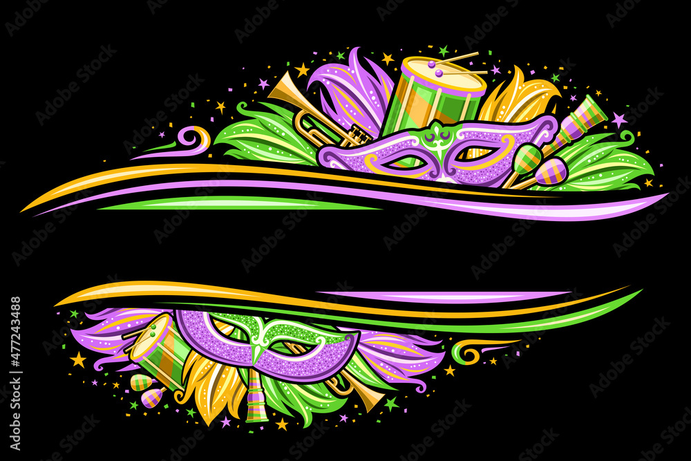 Vector Border for Mardi Gras Carnaval with copy space, horizontal invitation with illustration of carnaval symbols, musical instruments, purple and green feathers for night carnaval in Louisiana