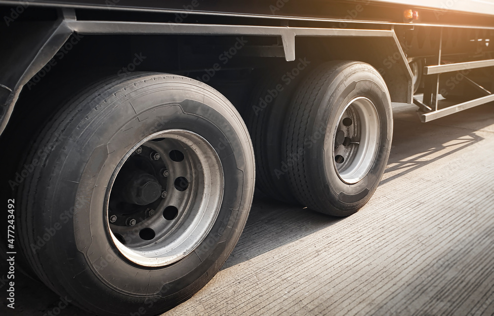 Semi Trailer Truck Wheels Tires. Industry Freight Truck Logistics Cargo Transport.