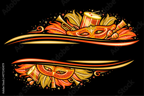 Vector Border for Brazil Carnival with copy space, horizontal invitation with illustration of carnival symbols, musical instruments, golden decorative feathers for night carnival in Rio de Janeiro